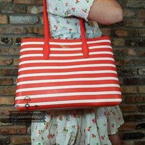 Kate Spade LARGE Striped Orange Tamarillo White Tote With Detachable Wristlet